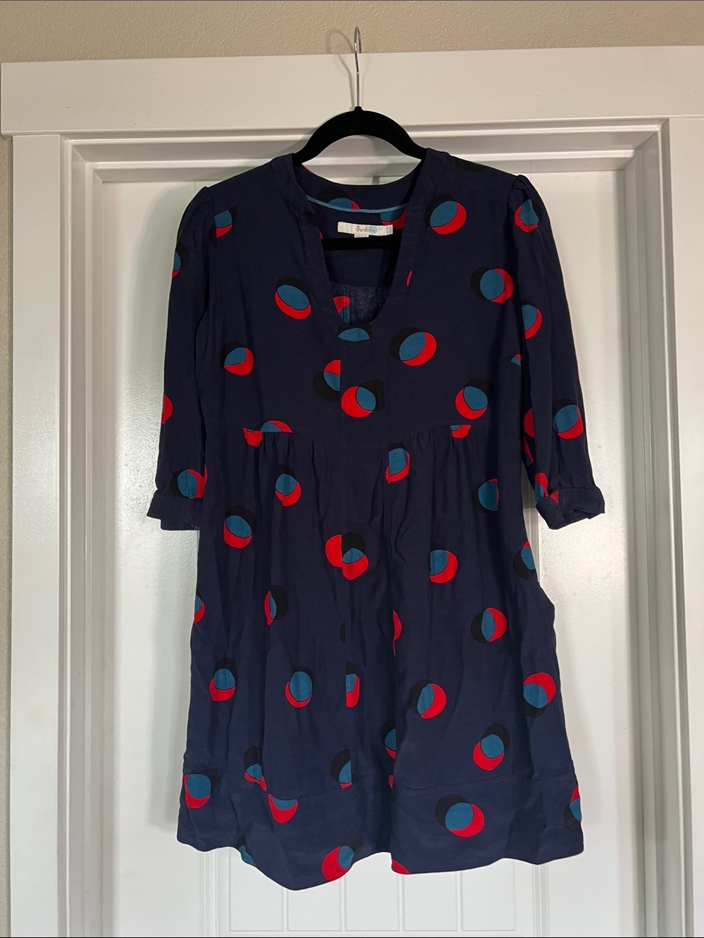 Boden Navy Mini Dress with Red and Teal Dot Print